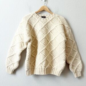 Vintage Thane Wool Ivory Cream Chunky Crewneck Cable Knit Fisherman Sweater XL